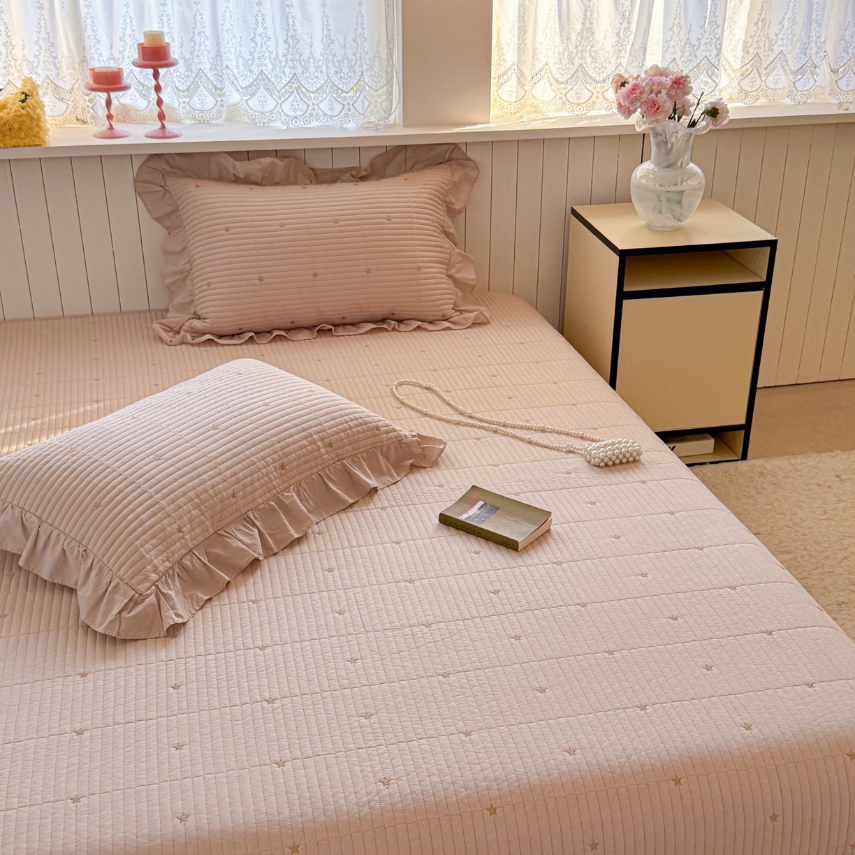 91家纺网 家纺一手货源 找家纺 琳可家居 2026新款双面60S全棉水洗棉刺绣床盖三件套可搭配同款夏被A类-星空间系列 星空间-浅咖