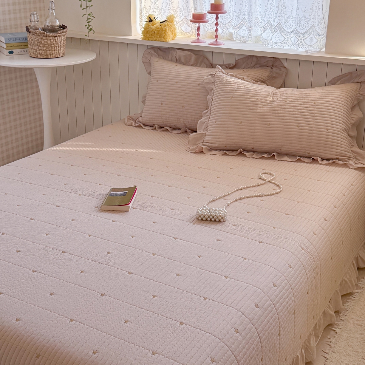 91家纺网 家纺一手货源 找家纺 琳可家居 2026新款双面60S全棉水洗棉刺绣床盖三件套可搭配同款夏被A类-星空间系列 星空间-浅咖