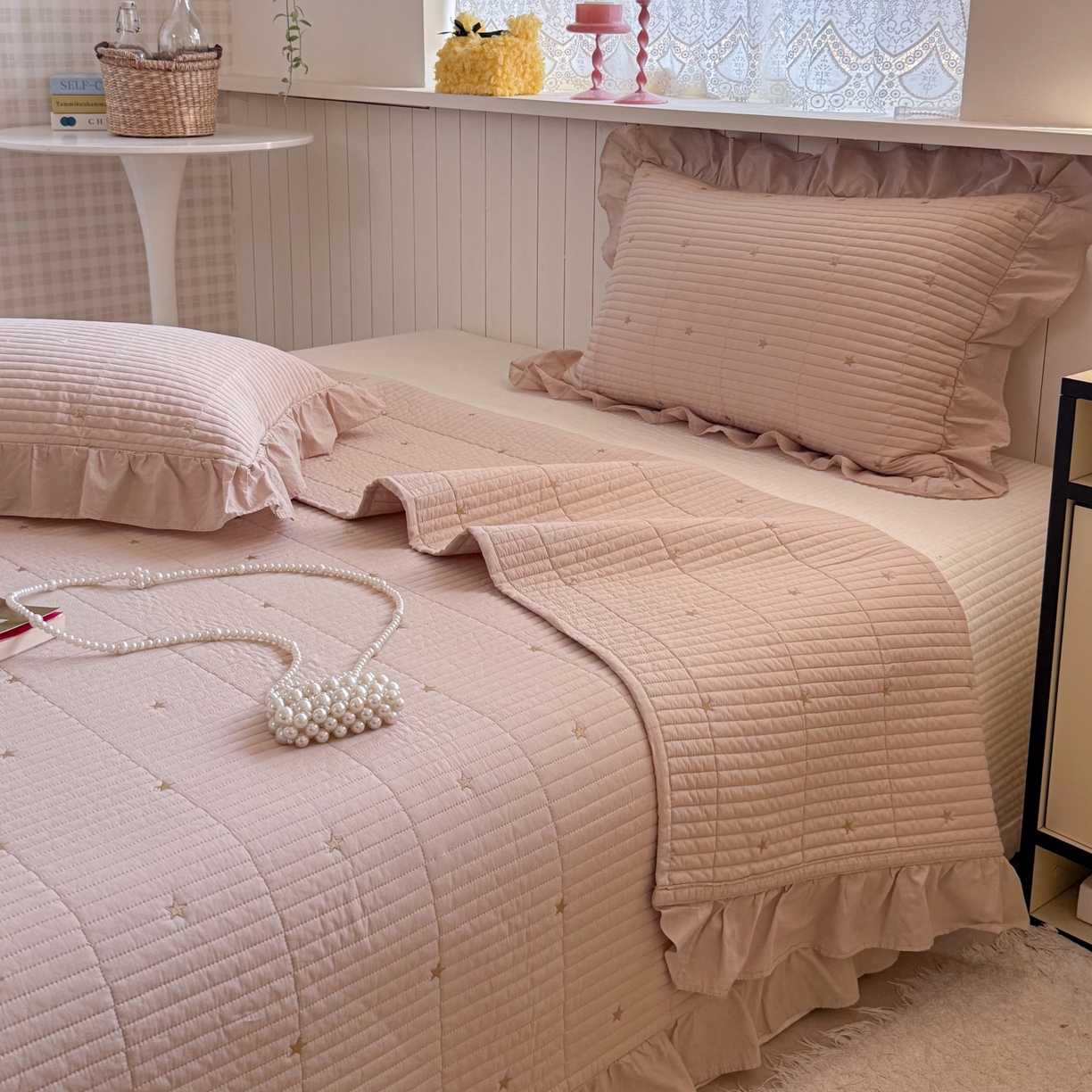 91家纺网 家纺一手货源 找家纺 琳可家居 2026新款双面60S全棉水洗棉刺绣床盖三件套可搭配同款夏被A类-星空间系列 星空间-浅咖