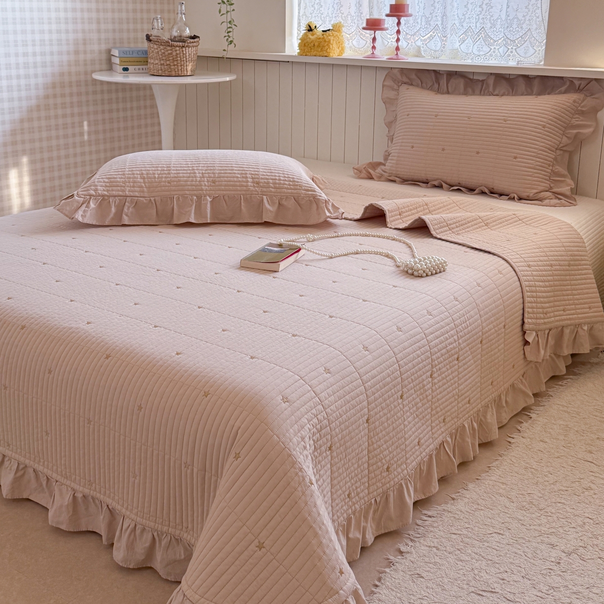 91家纺网 家纺一手货源 找家纺 琳可家居 2026新款双面60S全棉水洗棉刺绣床盖三件套可搭配同款夏被A类-星空间系列 星空间-浅咖