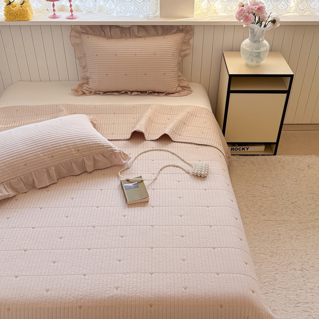 91家纺网 家纺一手货源 找家纺 琳可家居 2026新款双面60S全棉水洗棉刺绣床盖三件套可搭配同款夏被A类-星空间系列 星空间-浅咖