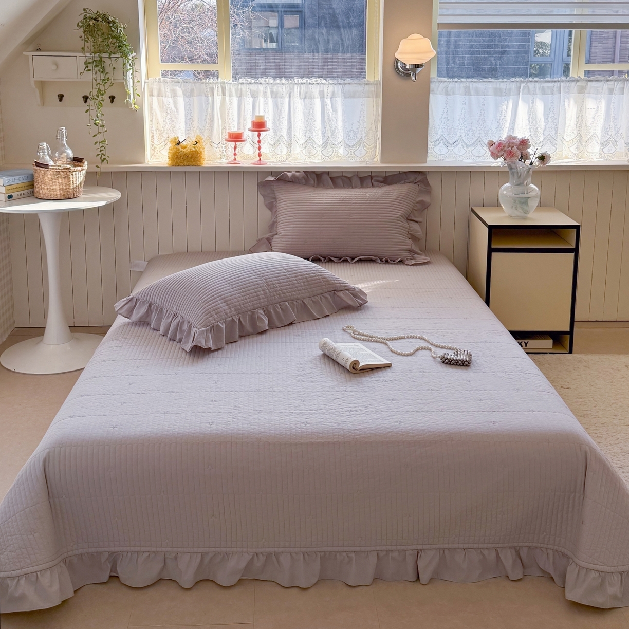 91家纺网 家纺一手货源 找家纺 琳可家居 2026新款双面60S全棉水洗棉刺绣床盖三件套可搭配同款夏被A类-星空间系列 星空间-浅紫