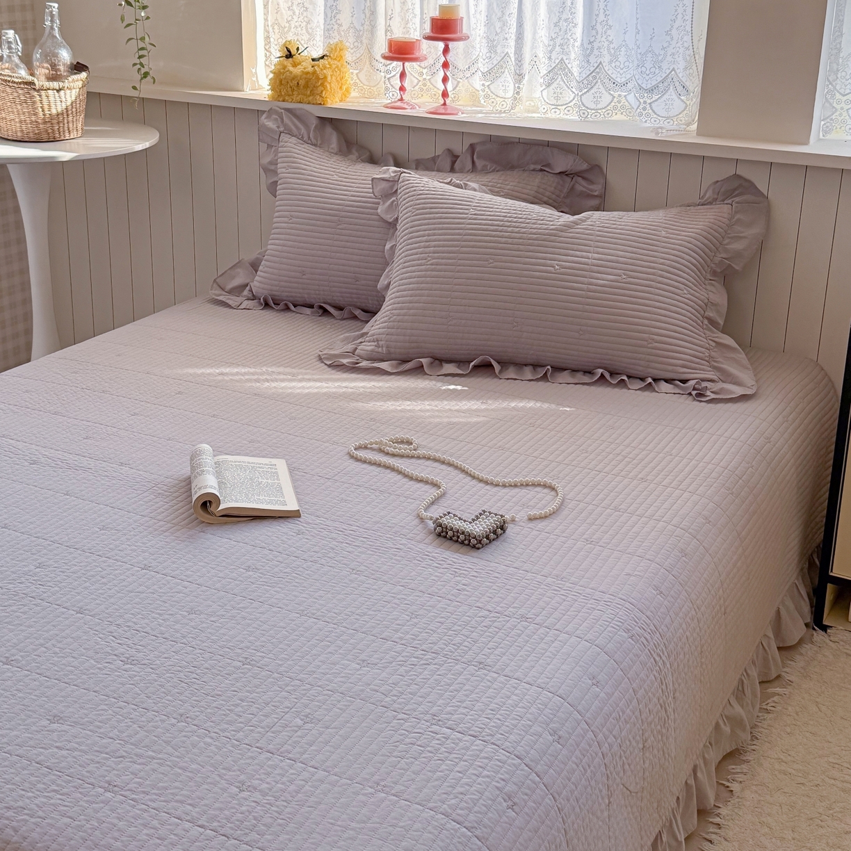 91家纺网 家纺一手货源 找家纺 琳可家居 2026新款双面60S全棉水洗棉刺绣床盖三件套可搭配同款夏被A类-星空间系列 星空间-浅紫