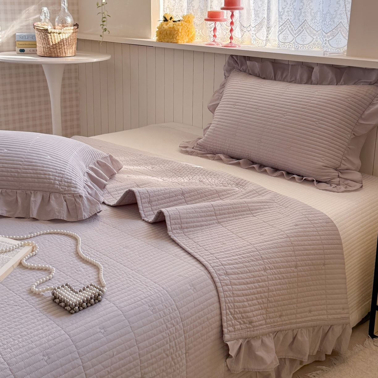 91家纺网 家纺一手货源 找家纺 琳可家居 2026新款双面60S全棉水洗棉刺绣床盖三件套可搭配同款夏被A类-星空间系列 星空间-浅紫