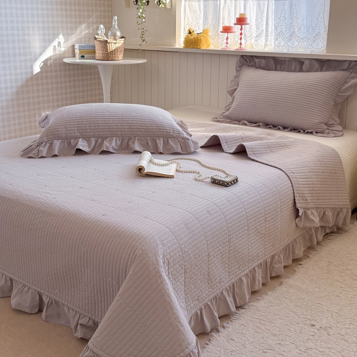 91家纺网 家纺一手货源 找家纺 琳可家居 2026新款双面60S全棉水洗棉刺绣床盖三件套可搭配同款夏被A类-星空间系列 星空间-浅紫