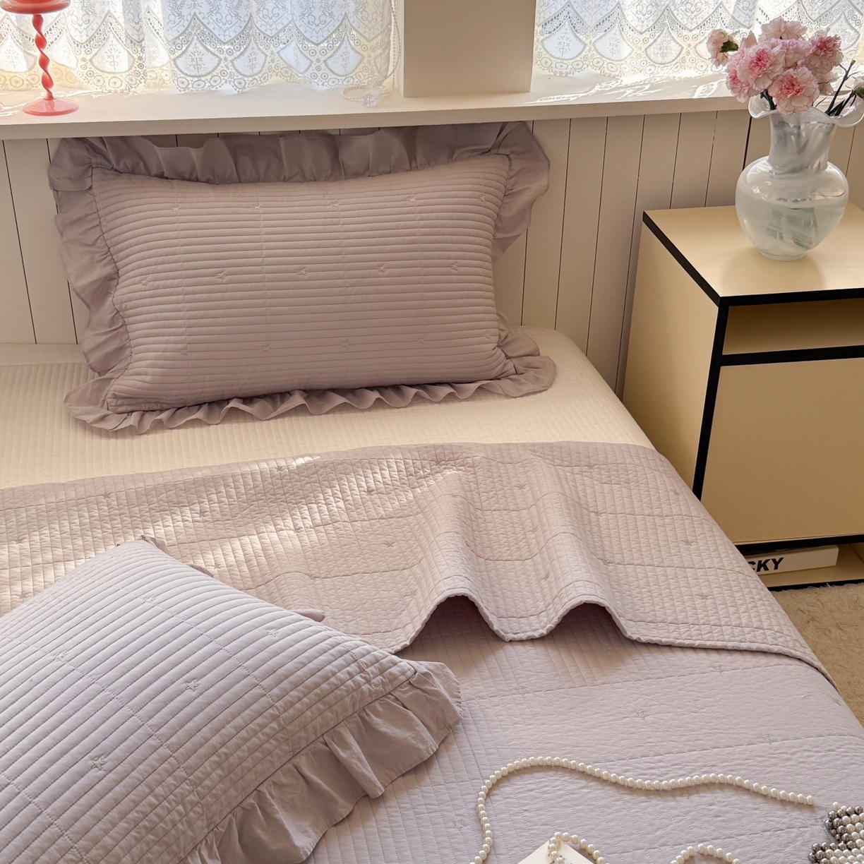 91家纺网 家纺一手货源 找家纺 琳可家居 2026新款双面60S全棉水洗棉刺绣床盖三件套可搭配同款夏被A类-星空间系列 星空间-浅紫