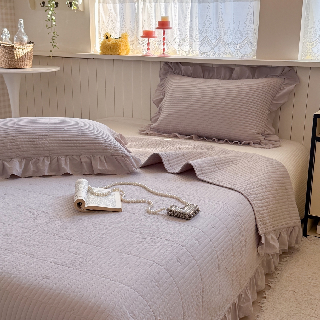 91家纺网 家纺一手货源 找家纺 琳可家居 2026新款双面60S全棉水洗棉刺绣床盖三件套可搭配同款夏被A类-星空间系列 星空间-浅紫