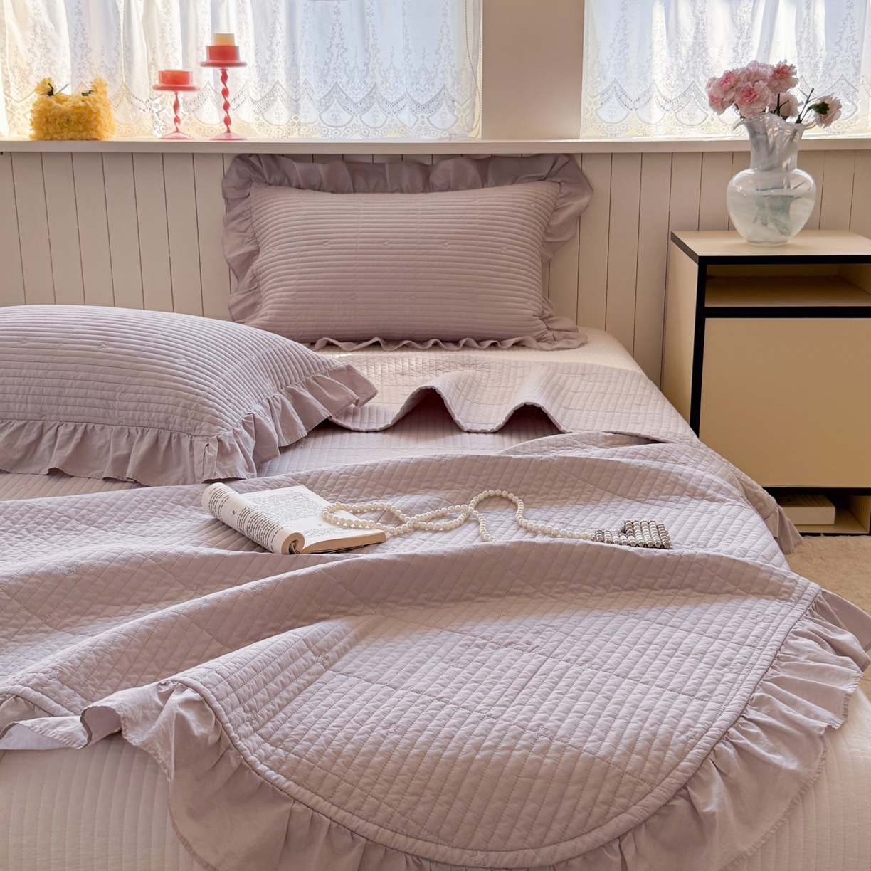 91家纺网 家纺一手货源 找家纺 琳可家居 2026新款双面60S全棉水洗棉刺绣床盖三件套可搭配同款夏被A类-星空间系列 星空间-浅紫