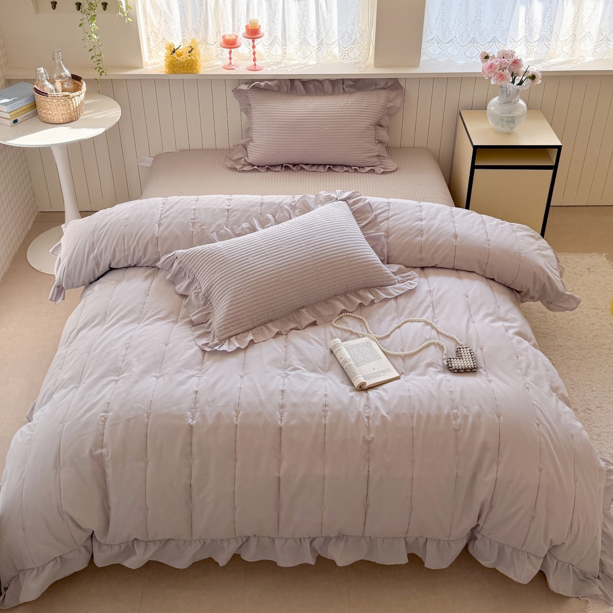 91家纺网 家纺一手货源 找家纺 琳可家居 2026新款双面60S全棉水洗棉刺绣床盖三件套可搭配同款夏被A类-星空间系列 星空间-浅紫