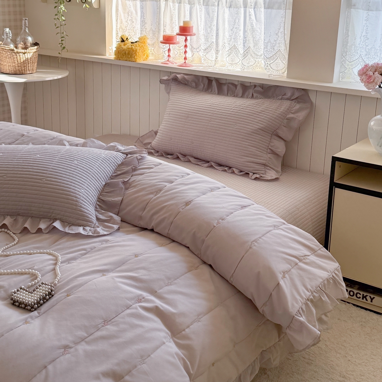 91家纺网 家纺一手货源 找家纺 琳可家居 2026新款双面60S全棉水洗棉刺绣床盖三件套可搭配同款夏被A类-星空间系列 星空间-浅紫