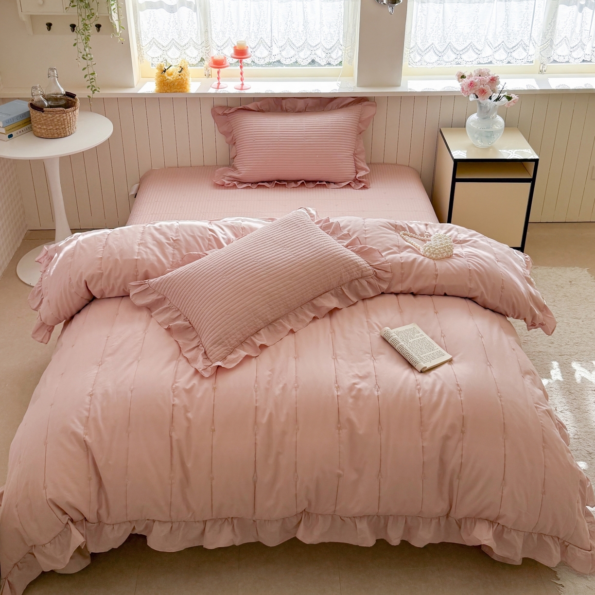 91家纺网 家纺一手货源 找家纺 琳可家居 2026新款双面60S全棉水洗棉刺绣床盖三件套可搭配同款夏被A类-星空间系列 星空间-樱粉