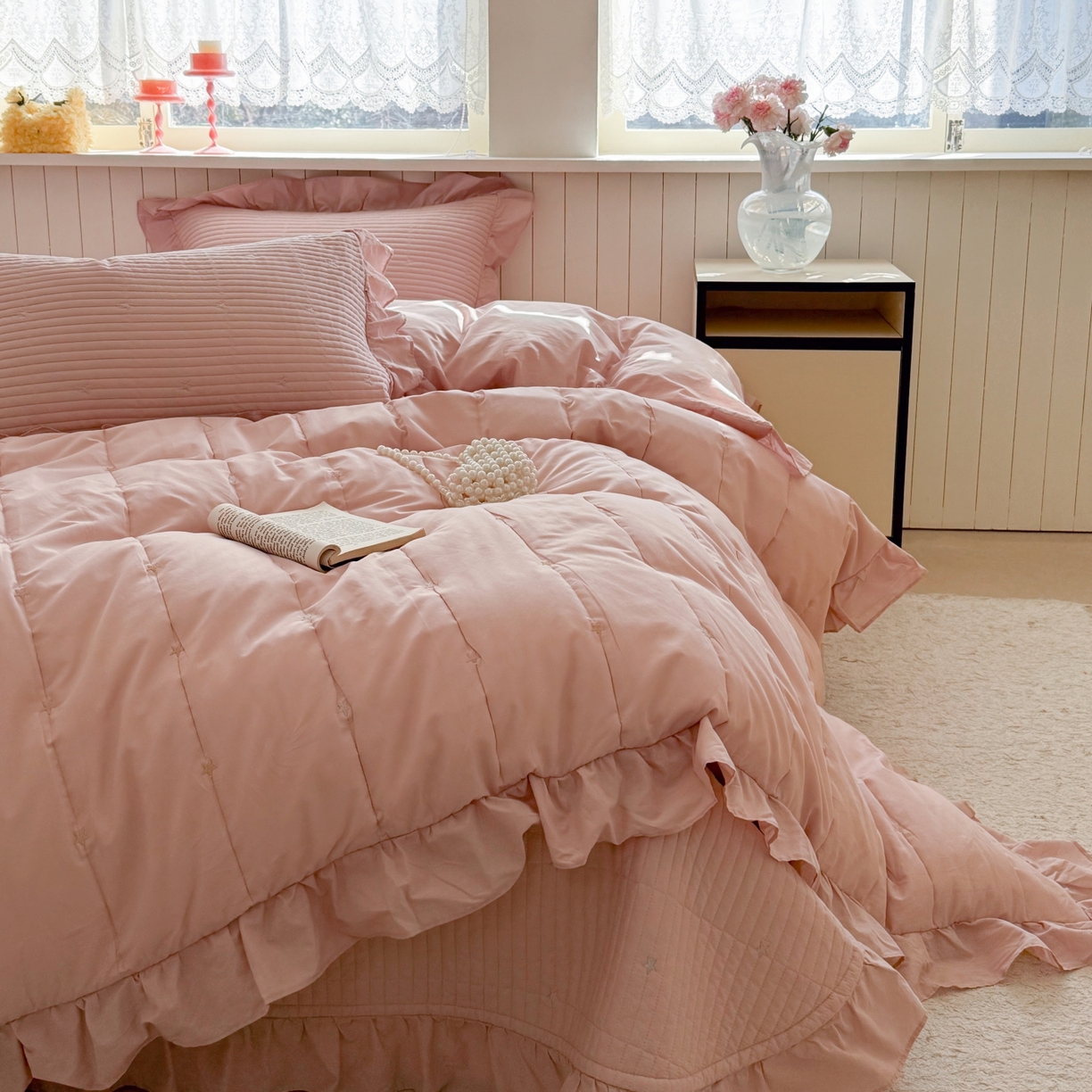 91家纺网 家纺一手货源 找家纺 琳可家居 2026新款双面60S全棉水洗棉刺绣床盖三件套可搭配同款夏被A类-星空间系列 星空间-樱粉