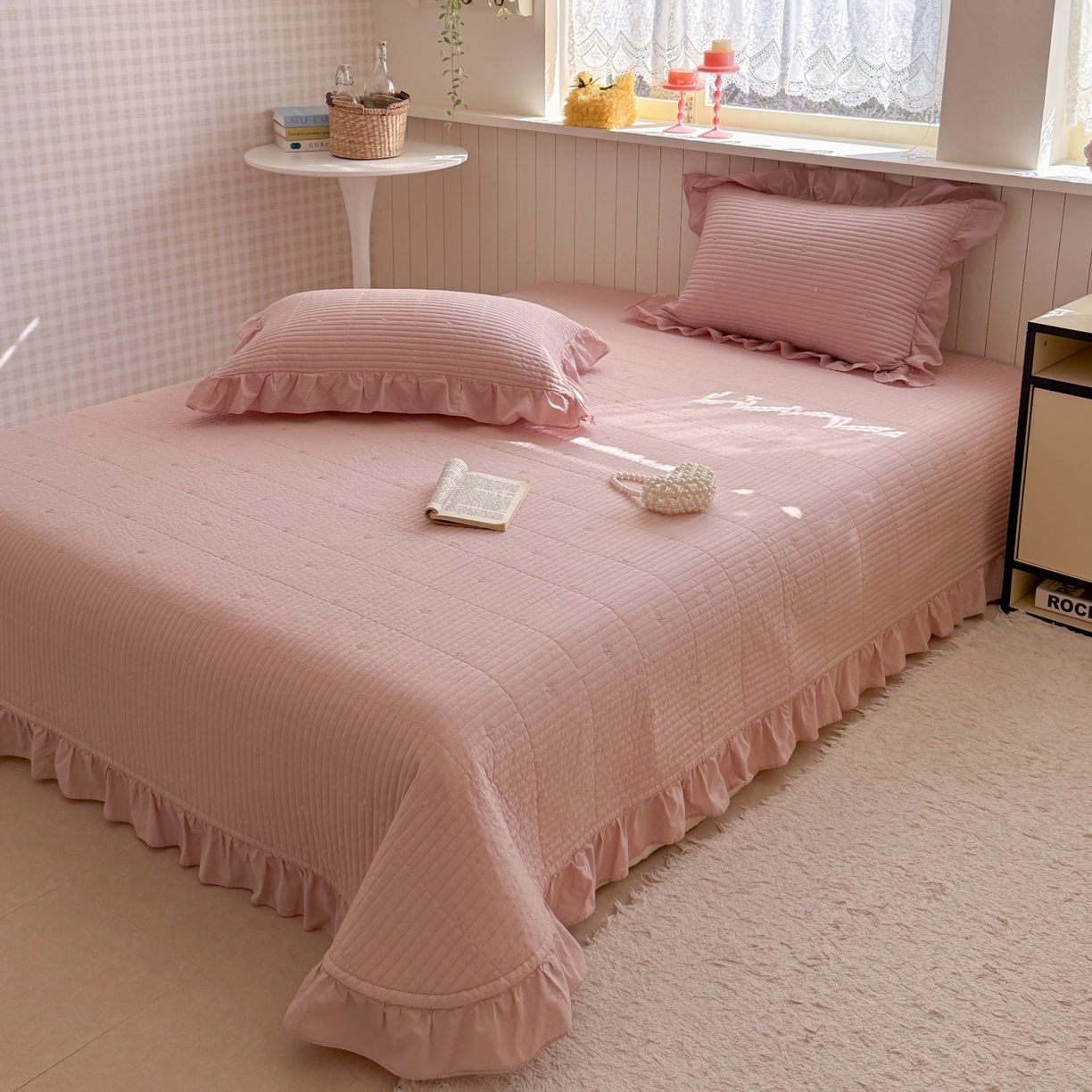 91家纺网 家纺一手货源 找家纺 琳可家居 2026新款双面60S全棉水洗棉刺绣床盖三件套可搭配同款夏被A类-星空间系列 星空间-樱粉