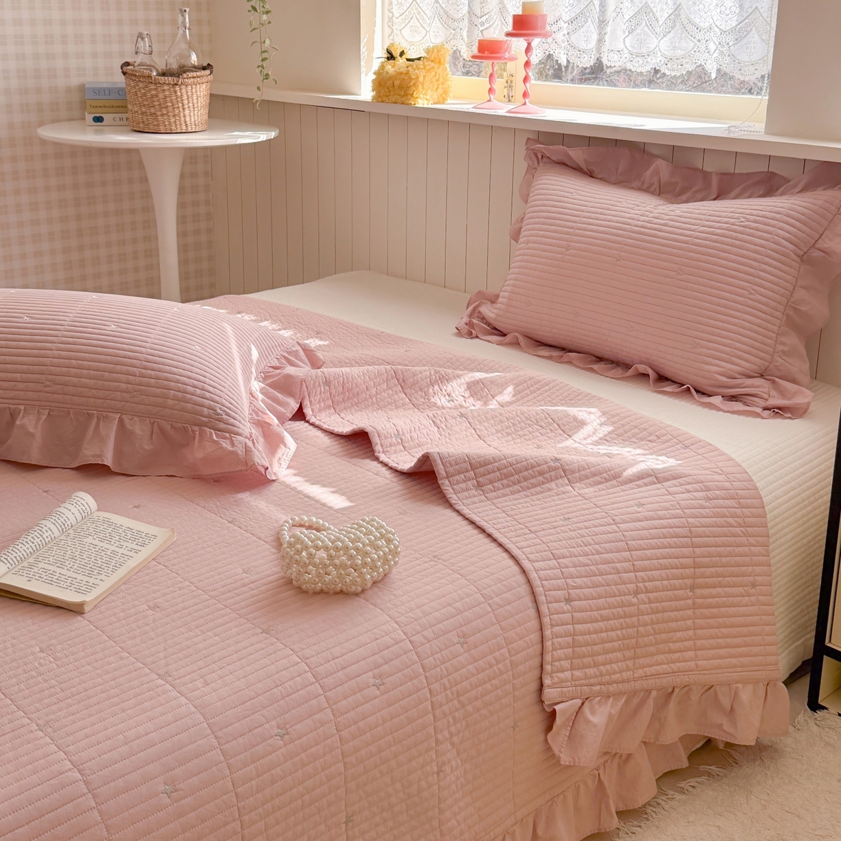 91家纺网 家纺一手货源 找家纺 琳可家居 2026新款双面60S全棉水洗棉刺绣床盖三件套可搭配同款夏被A类-星空间系列 星空间-樱粉