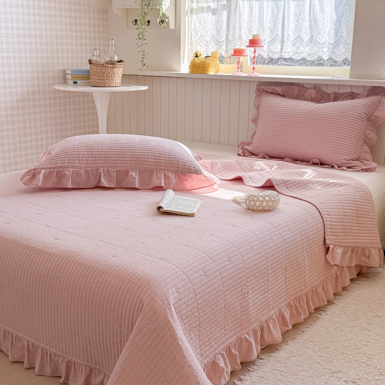 91家纺网 家纺一手货源 找家纺 琳可家居 2026新款双面60S全棉水洗棉刺绣床盖三件套可搭配同款夏被A类-星空间系列 星空间-樱粉