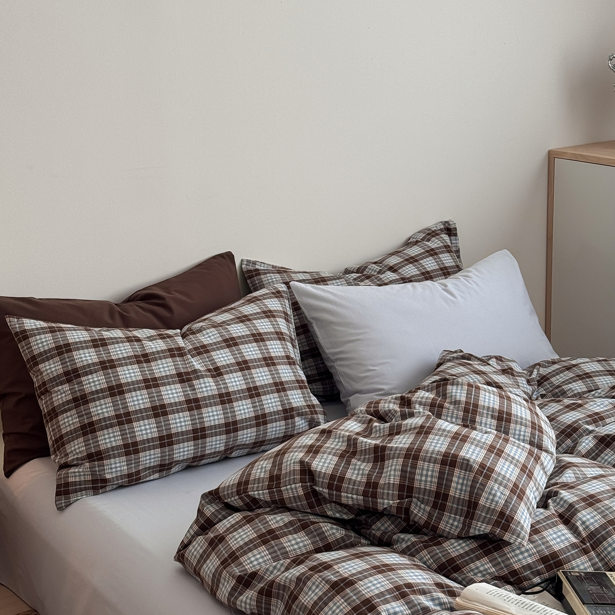 91家纺网 家纺一手货源 找家纺 蜜宿 2026新款全棉色织水洗棉四件套-薄荷微光 薄荷微光（枕套格纹+微蓝）