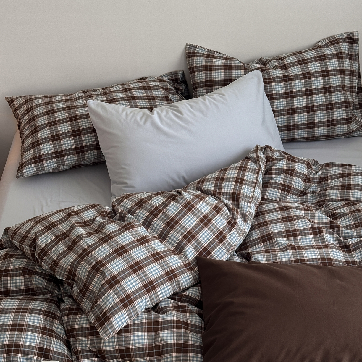 91家纺网 家纺一手货源 找家纺 蜜宿 2026新款全棉色织水洗棉四件套-薄荷微光 薄荷微光（枕套格纹+微蓝）