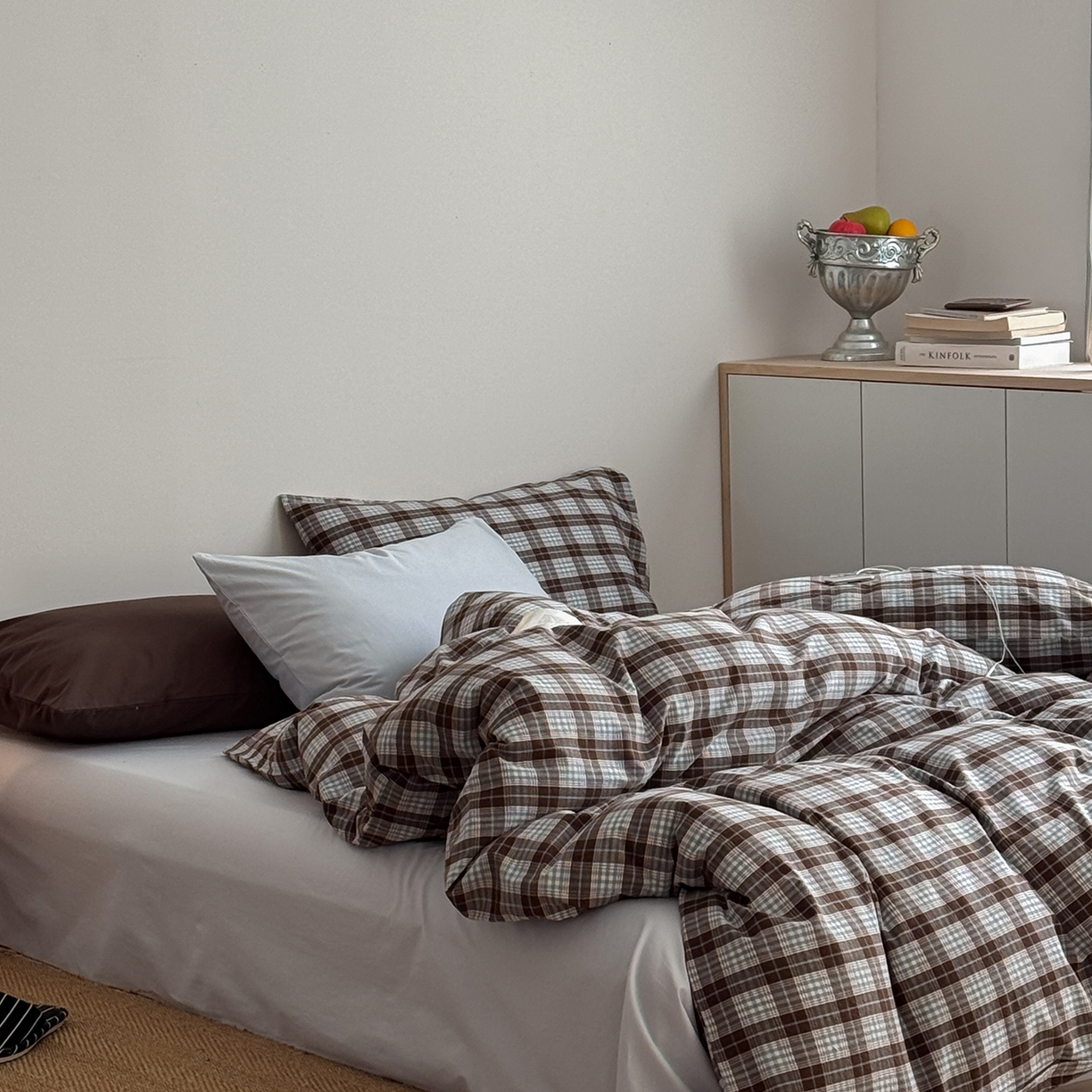 91家纺网 家纺一手货源 找家纺 蜜宿 2026新款全棉色织水洗棉四件套-薄荷微光 薄荷微光（枕套格纹+微蓝）