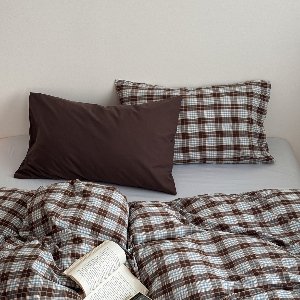 蜜宿 2026新款全棉色织水洗棉四件套-薄荷微光 薄荷微光（枕套可可棕+格纹）