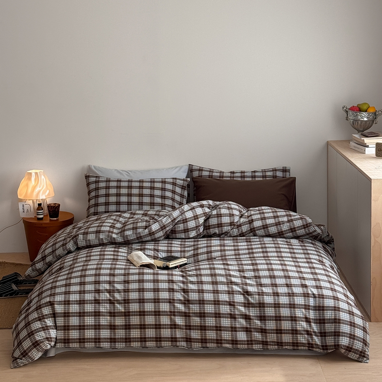 91家纺网 家纺一手货源 找家纺 蜜宿 2026新款全棉色织水洗棉四件套-薄荷微光 薄荷微光（枕套可可棕+格纹）