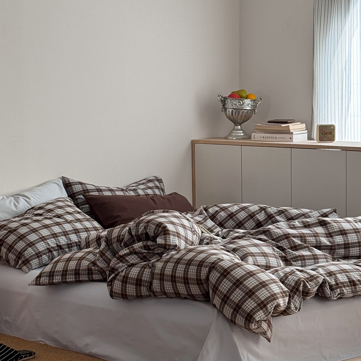 91家纺网 家纺一手货源 找家纺 蜜宿 2026新款全棉色织水洗棉四件套-薄荷微光 薄荷微光（枕套可可棕+格纹）