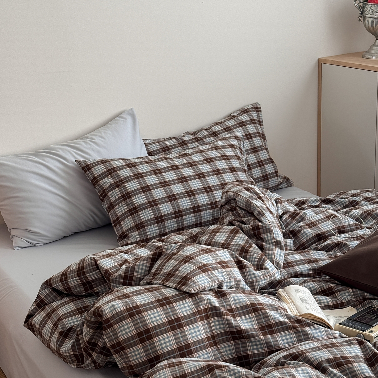 91家纺网 家纺一手货源 找家纺 蜜宿 2026新款全棉色织水洗棉四件套-薄荷微光 薄荷微光（枕套可可棕+格纹）