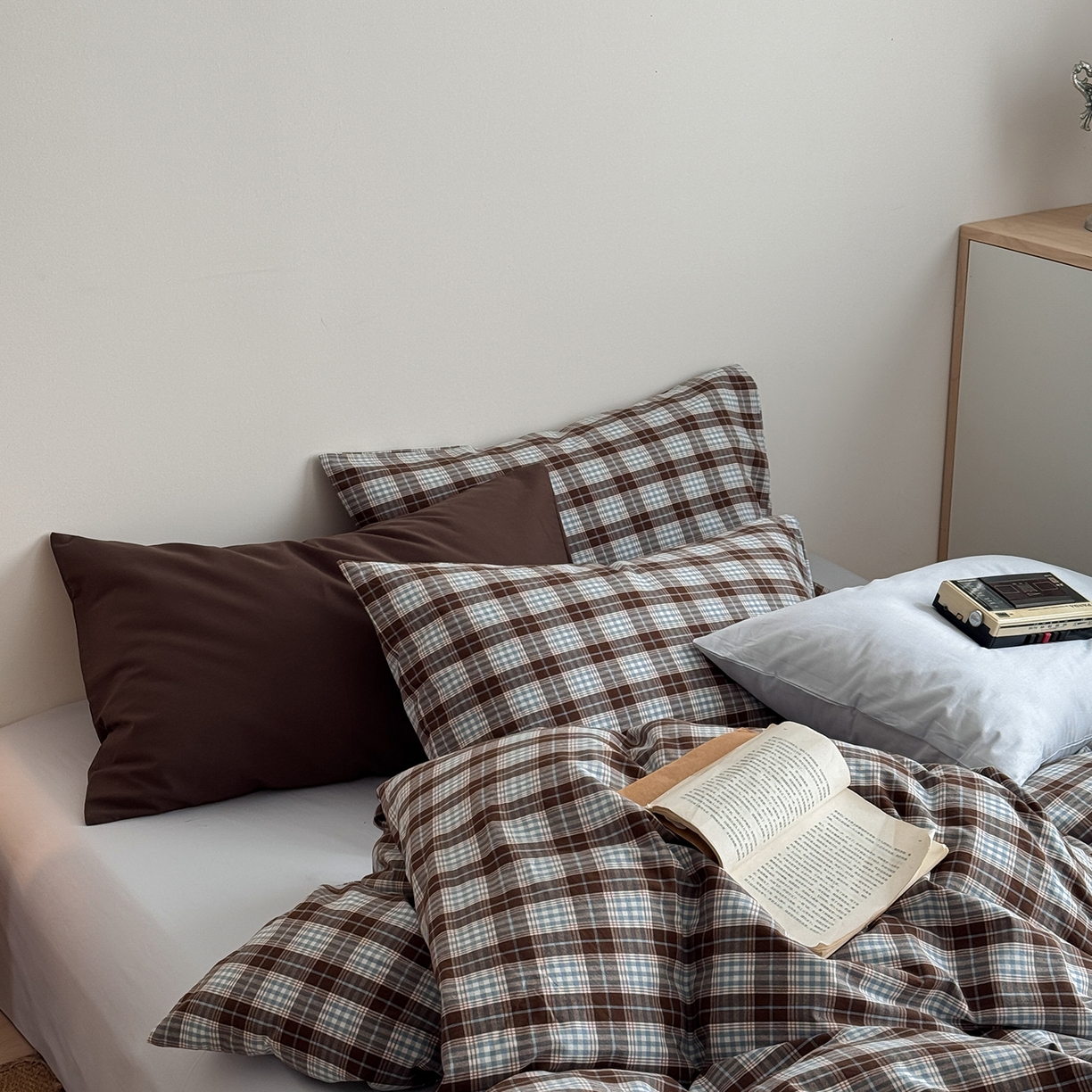 91家纺网 家纺一手货源 找家纺 蜜宿 2026新款全棉色织水洗棉四件套-薄荷微光 薄荷微光（枕套可可棕+格纹）