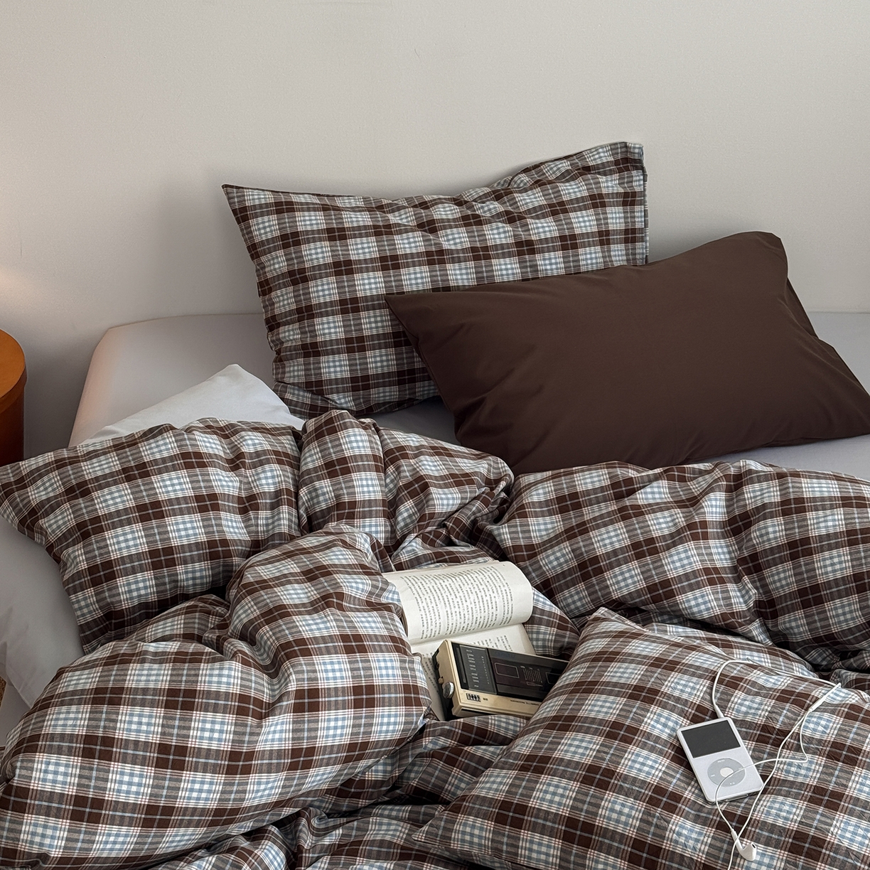 91家纺网 家纺一手货源 找家纺 蜜宿 2026新款全棉色织水洗棉四件套-薄荷微光 薄荷微光（枕套可可棕+微蓝）