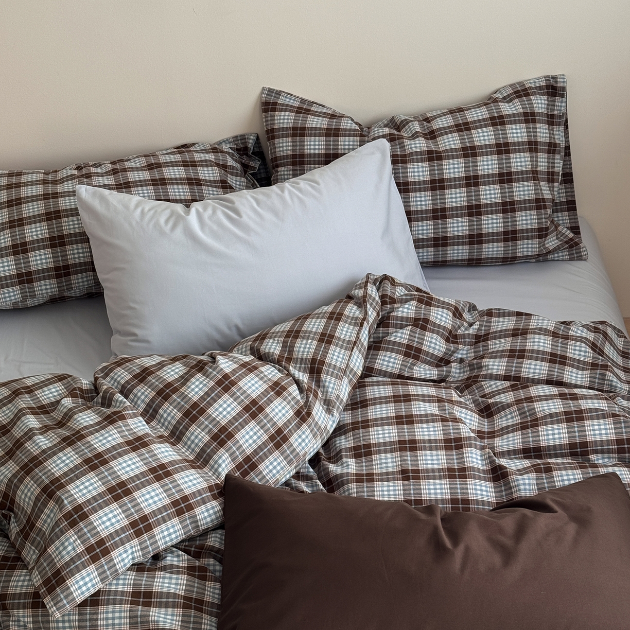 91家纺网 家纺一手货源 找家纺 蜜宿 2026新款全棉色织水洗棉四件套-薄荷微光 薄荷微光（枕套可可棕+微蓝）