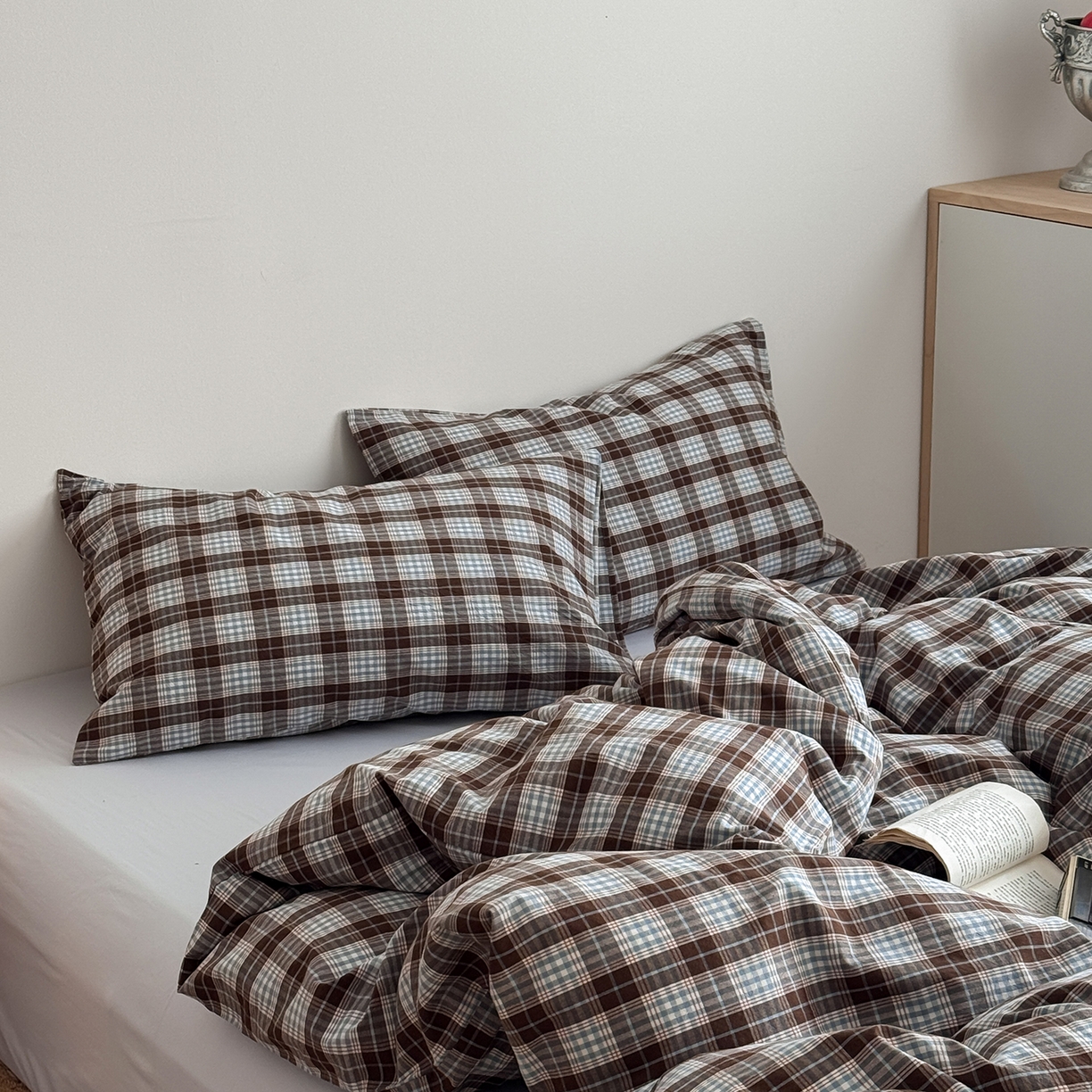 91家纺网 家纺一手货源 找家纺 蜜宿 2026新款全棉色织水洗棉四件套-薄荷微光 薄荷微光（枕套可可棕+微蓝）