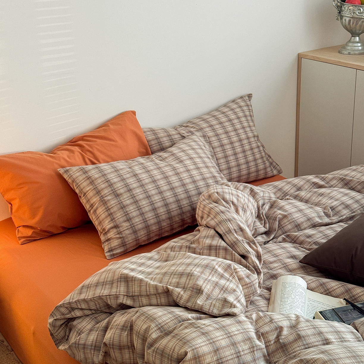 91家纺网 家纺一手货源 找家纺 （总）蜜宿 2026新款全棉色织水洗棉四件套-茶色岛