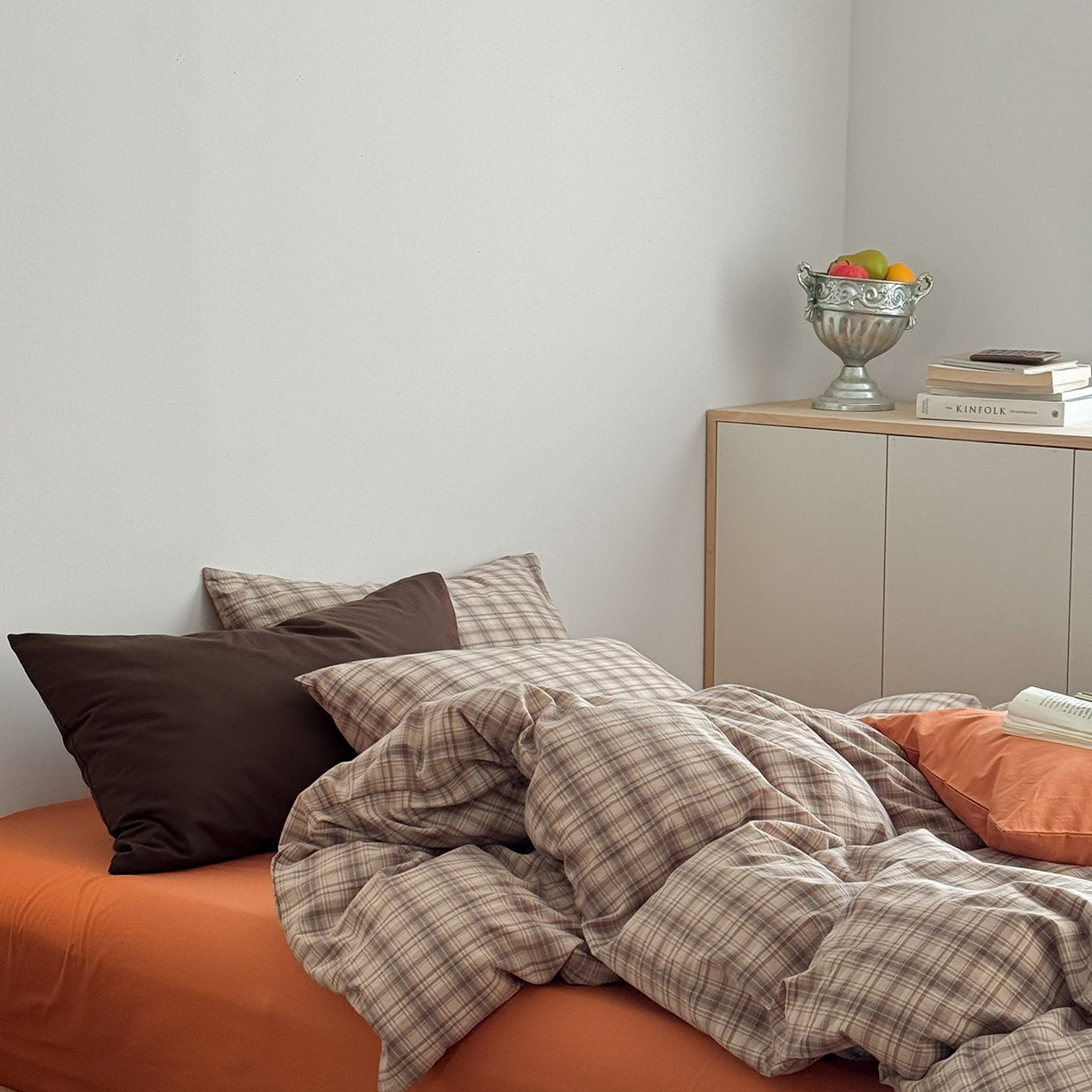 91家纺网 家纺一手货源 找家纺 蜜宿 2026新款全棉色织水洗棉四件套-茶色岛 茶色岛（枕套格纹+可可棕）