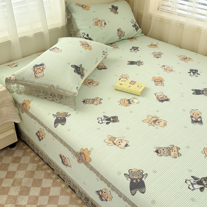 源舜家纺 2026新款莱赛尔天丝花边榻榻米炕盖 薄荷小熊