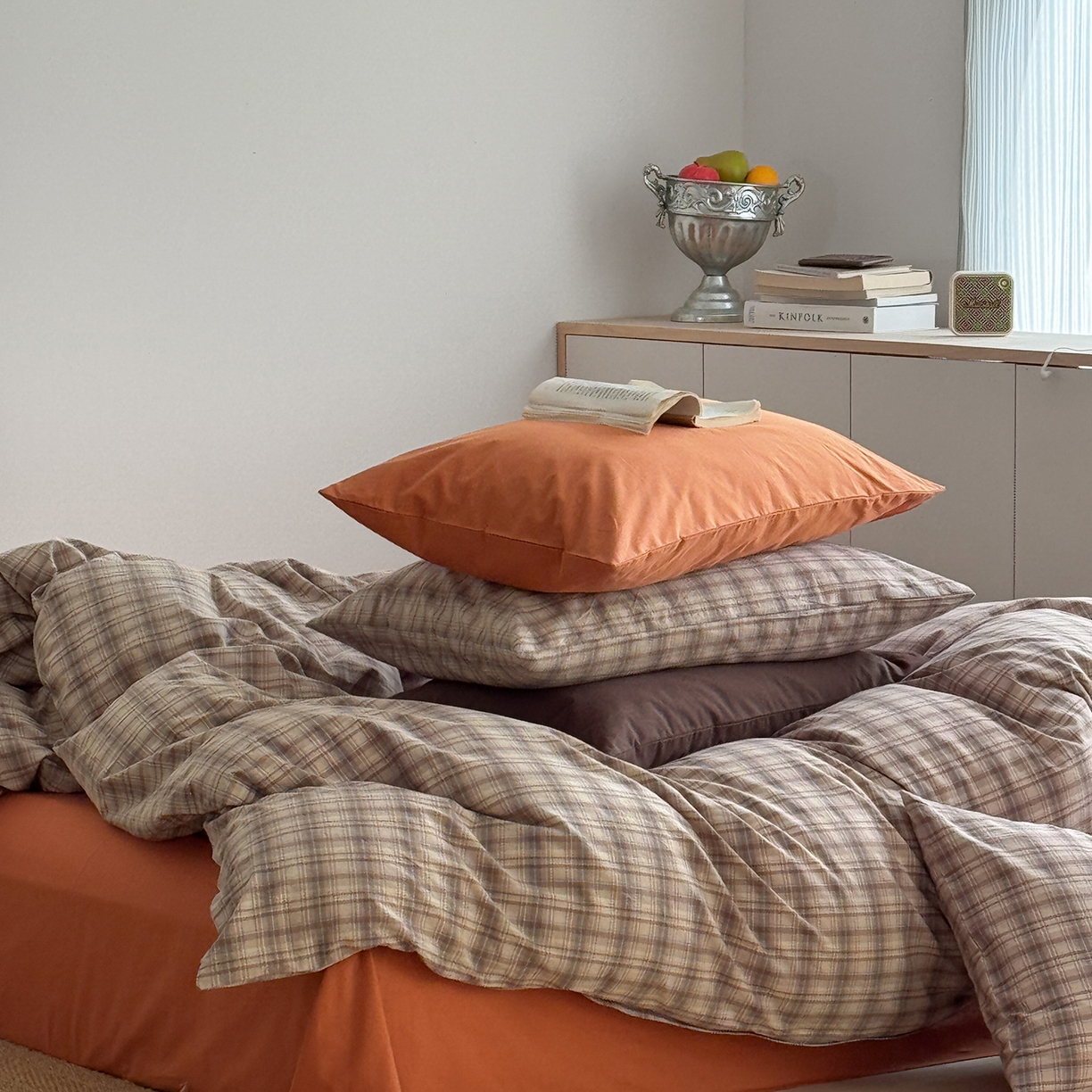 91家纺网 家纺一手货源 找家纺 蜜宿 2026新款全棉色织水洗棉四件套-茶色岛 茶色岛（枕套南瓜泥+可可棕）