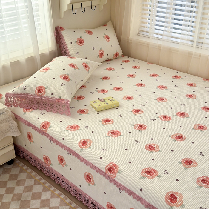源舜家纺 2026新款莱赛尔天丝花边榻榻米炕盖 粉色玫瑰