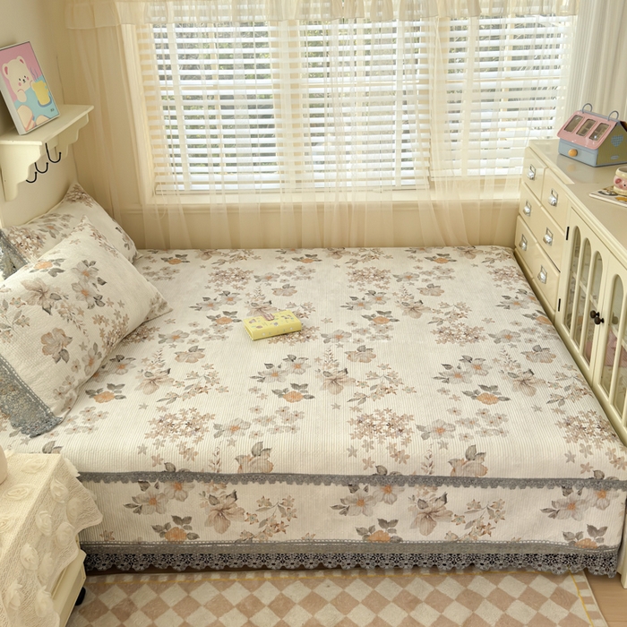 91家纺网 家纺一手货源 找家纺 源舜家纺 2026新款莱赛尔天丝花边榻榻米炕盖 莫兰迪咖