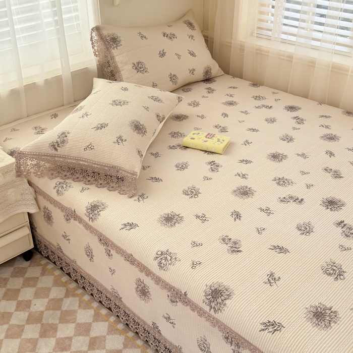 源舜家纺 2026新款莱赛尔天丝花边榻榻米炕盖 浅灰复古花