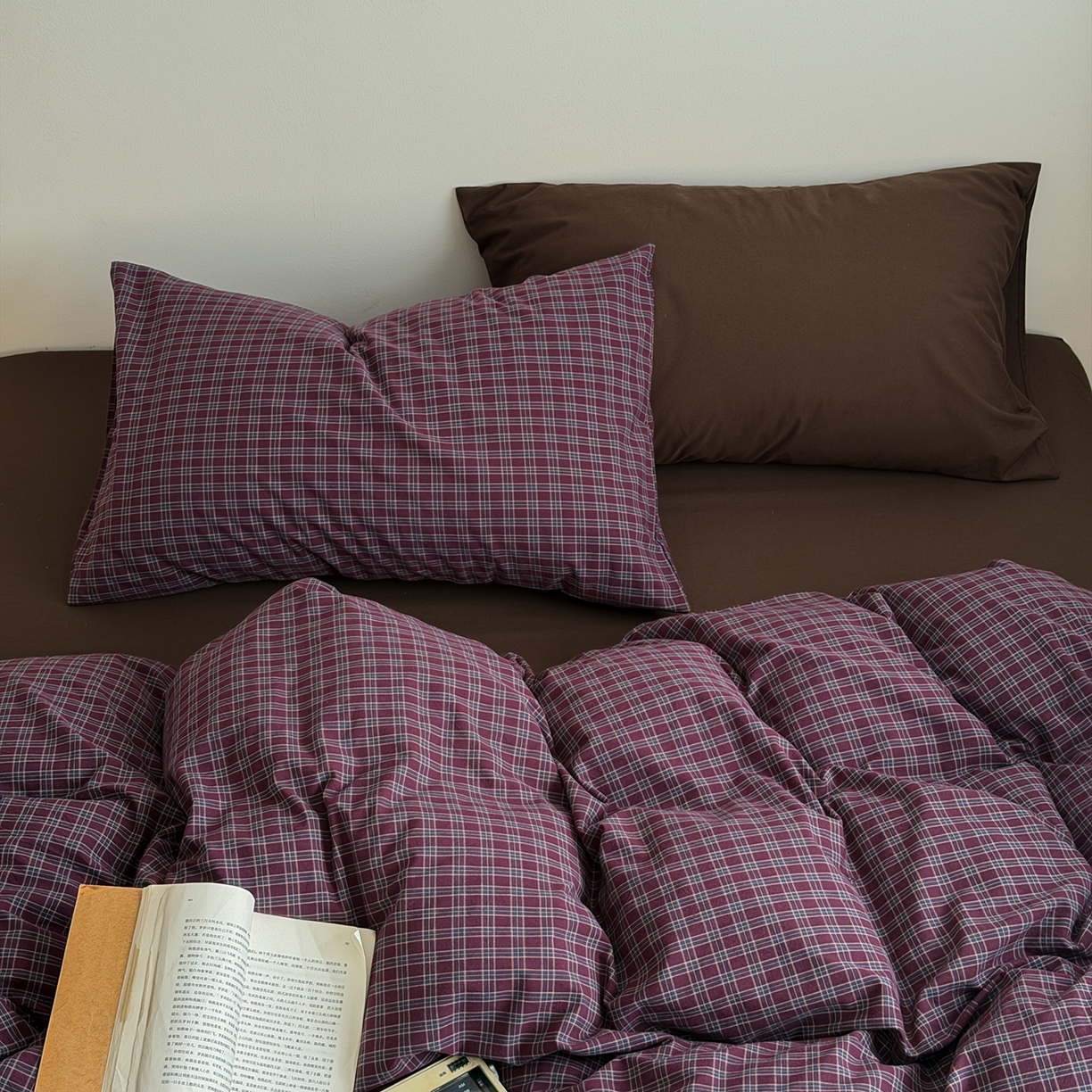 蜜宿 2026新款全棉色织水洗棉四件套-岛上旧梦 岛上旧梦（枕套格纹+可可棕）