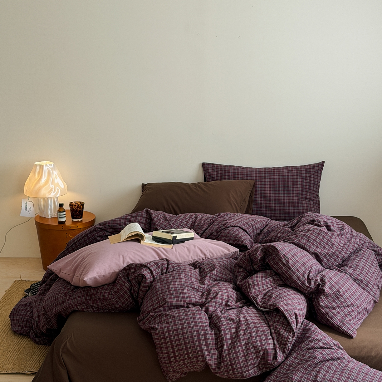 91家纺网 家纺一手货源 找家纺 蜜宿 2026新款全棉色织水洗棉四件套-岛上旧梦 岛上旧梦（枕套格纹+可可棕）