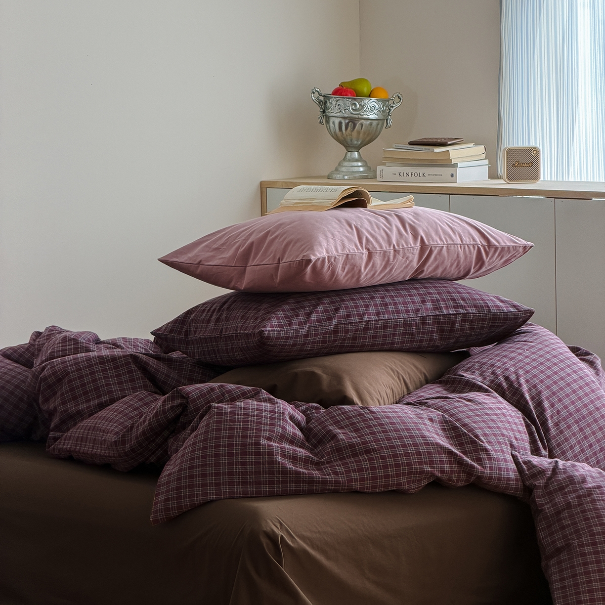 91家纺网 家纺一手货源 找家纺 蜜宿 2026新款全棉色织水洗棉四件套-岛上旧梦 岛上旧梦（枕套胭脂紫+格纹）