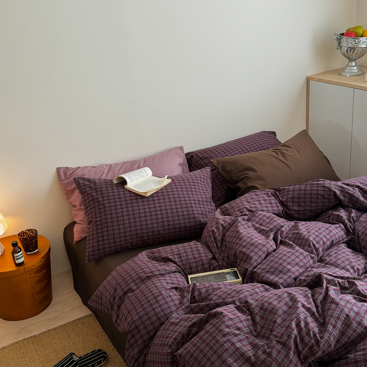 91家纺网 家纺一手货源 找家纺 蜜宿 2026新款全棉色织水洗棉四件套-岛上旧梦 岛上旧梦（枕套胭脂紫+格纹）