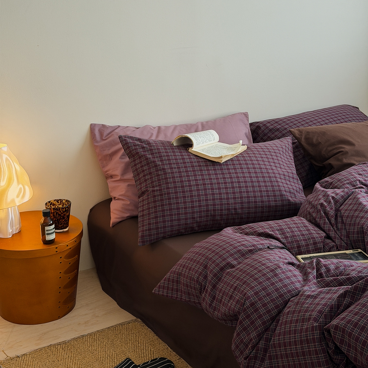 91家纺网 家纺一手货源 找家纺 蜜宿 2026新款全棉色织水洗棉四件套-岛上旧梦 岛上旧梦（枕套胭脂紫+格纹）