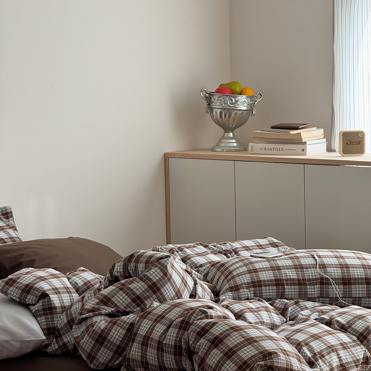 91家纺网 家纺一手货源 找家纺 蜜宿 2026新款全棉色织水洗棉四件套-岛屿森林 岛屿森林（枕套格纹+微蓝）