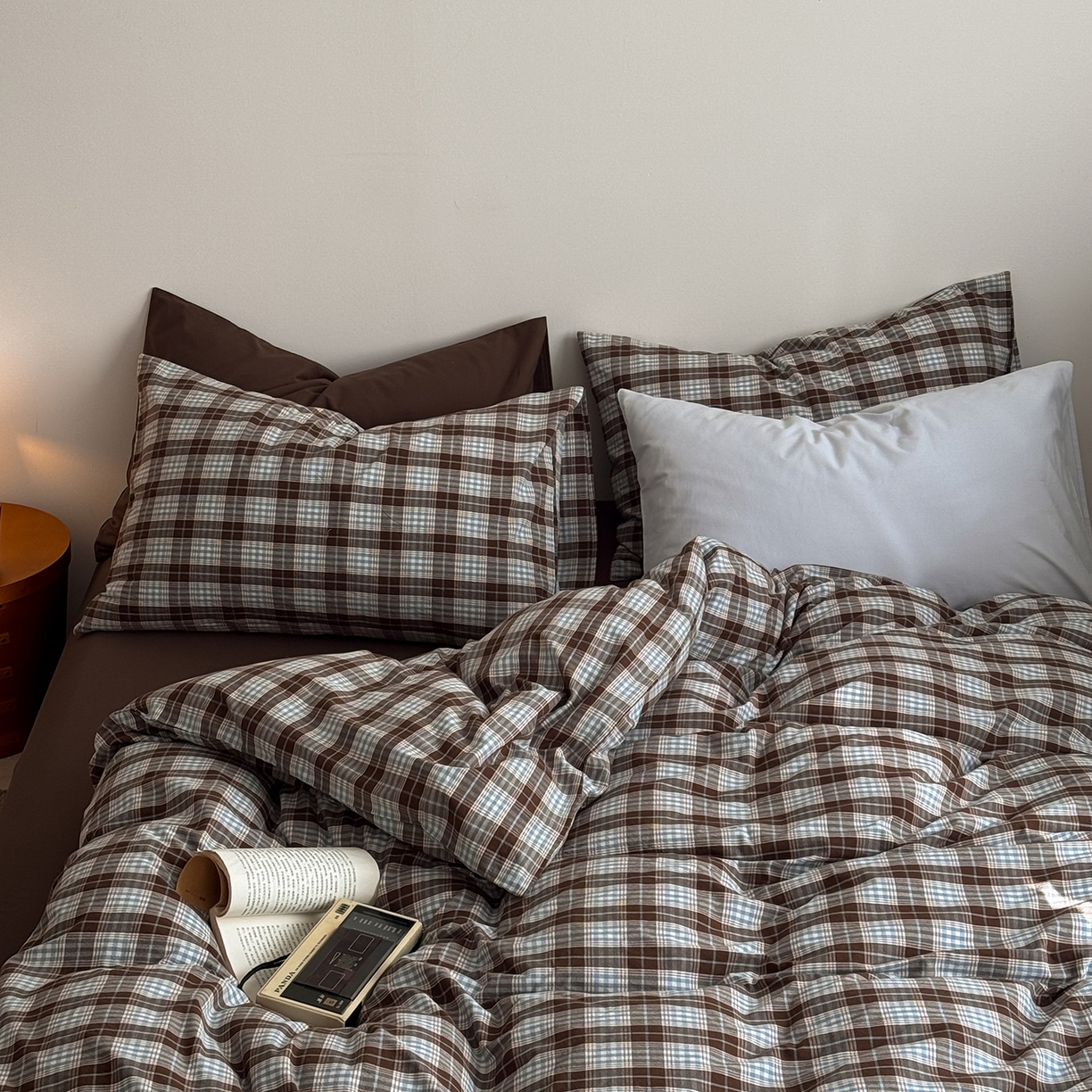 91家纺网 家纺一手货源 找家纺 蜜宿 2026新款全棉色织水洗棉四件套-岛屿森林 岛屿森林（枕套格纹+微蓝）