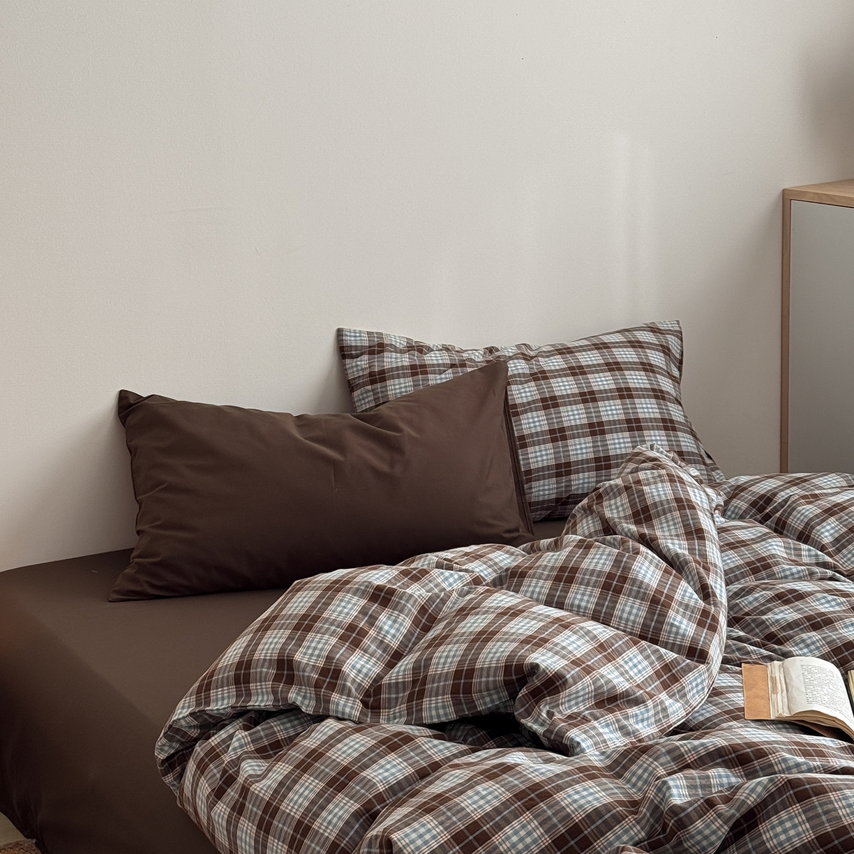 91家纺网 家纺一手货源 找家纺 蜜宿 2026新款全棉色织水洗棉四件套-岛屿森林 岛屿森林（枕套格纹+微蓝）