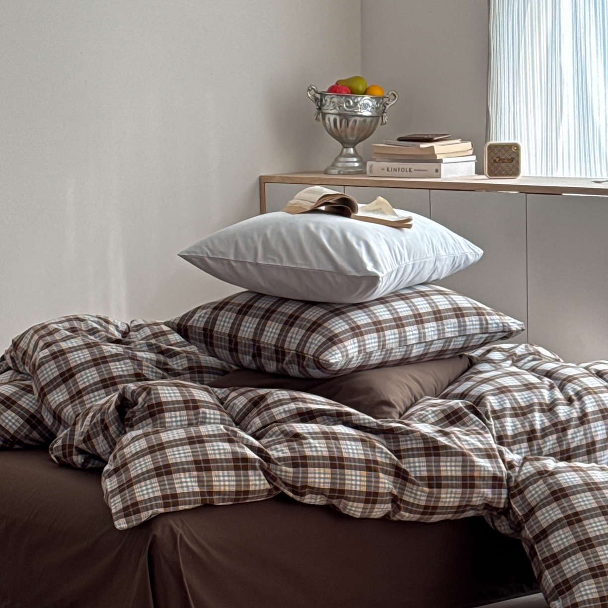 91家纺网 家纺一手货源 找家纺 蜜宿 2026新款全棉色织水洗棉四件套-岛屿森林 岛屿森林（枕套可可棕+格纹）