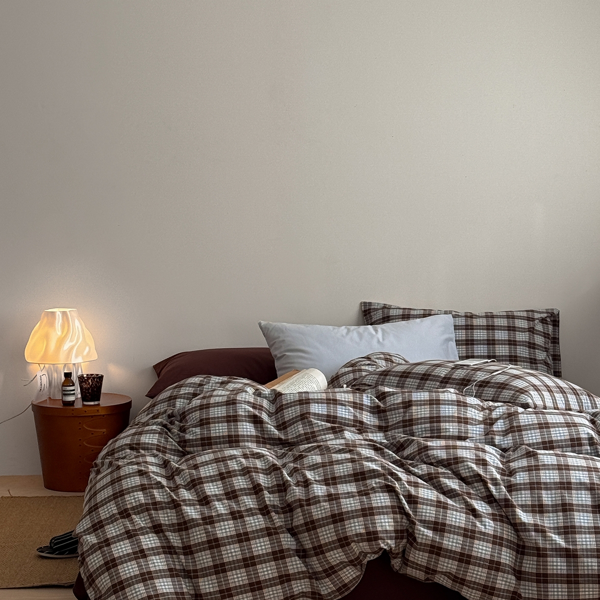 91家纺网 家纺一手货源 找家纺 蜜宿 2026新款全棉色织水洗棉四件套-岛屿森林 岛屿森林（枕套可可棕+格纹）