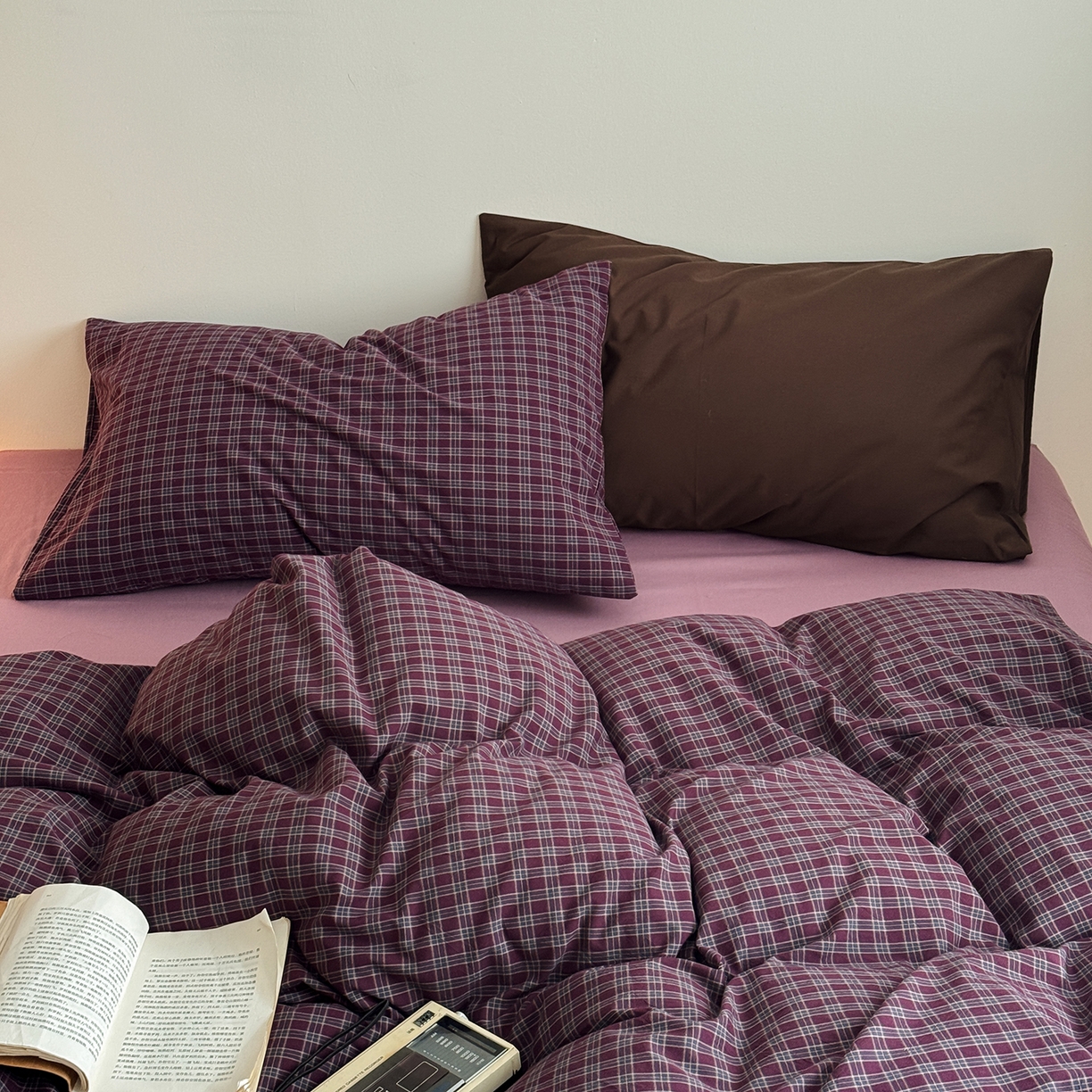 蜜宿 2026新款全棉色织水洗棉四件套-玫瑰情书 玫瑰情书（枕套格纹+可可棕）