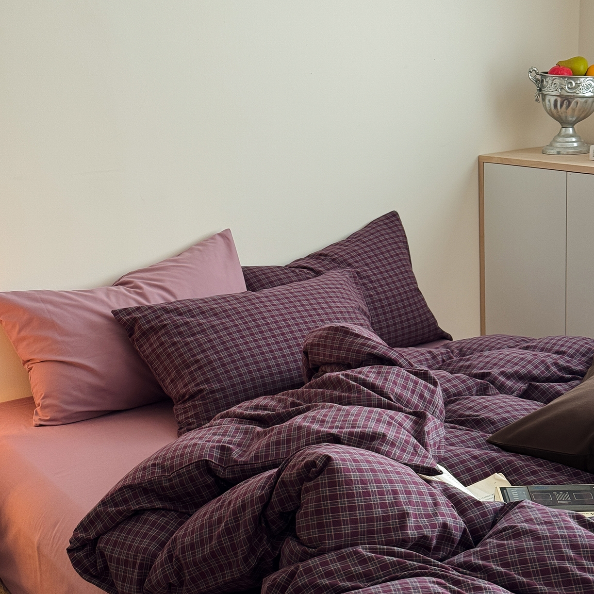 91家纺网 家纺一手货源 找家纺 蜜宿 2026新款全棉色织水洗棉四件套-玫瑰情书 玫瑰情书（枕套胭脂紫+格纹）