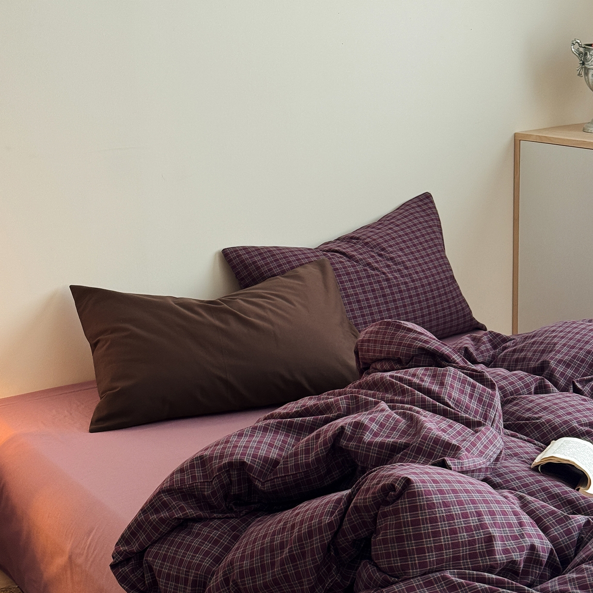 91家纺网 家纺一手货源 找家纺 蜜宿 2026新款全棉色织水洗棉四件套-玫瑰情书 玫瑰情书（枕套胭脂紫+格纹）